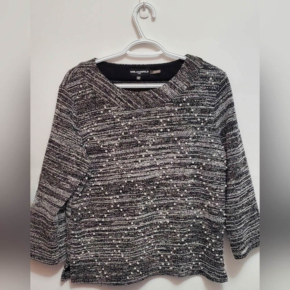 Karl Lagerfeld Black & White Pearl-Embellished 3/4 Sleeve Top